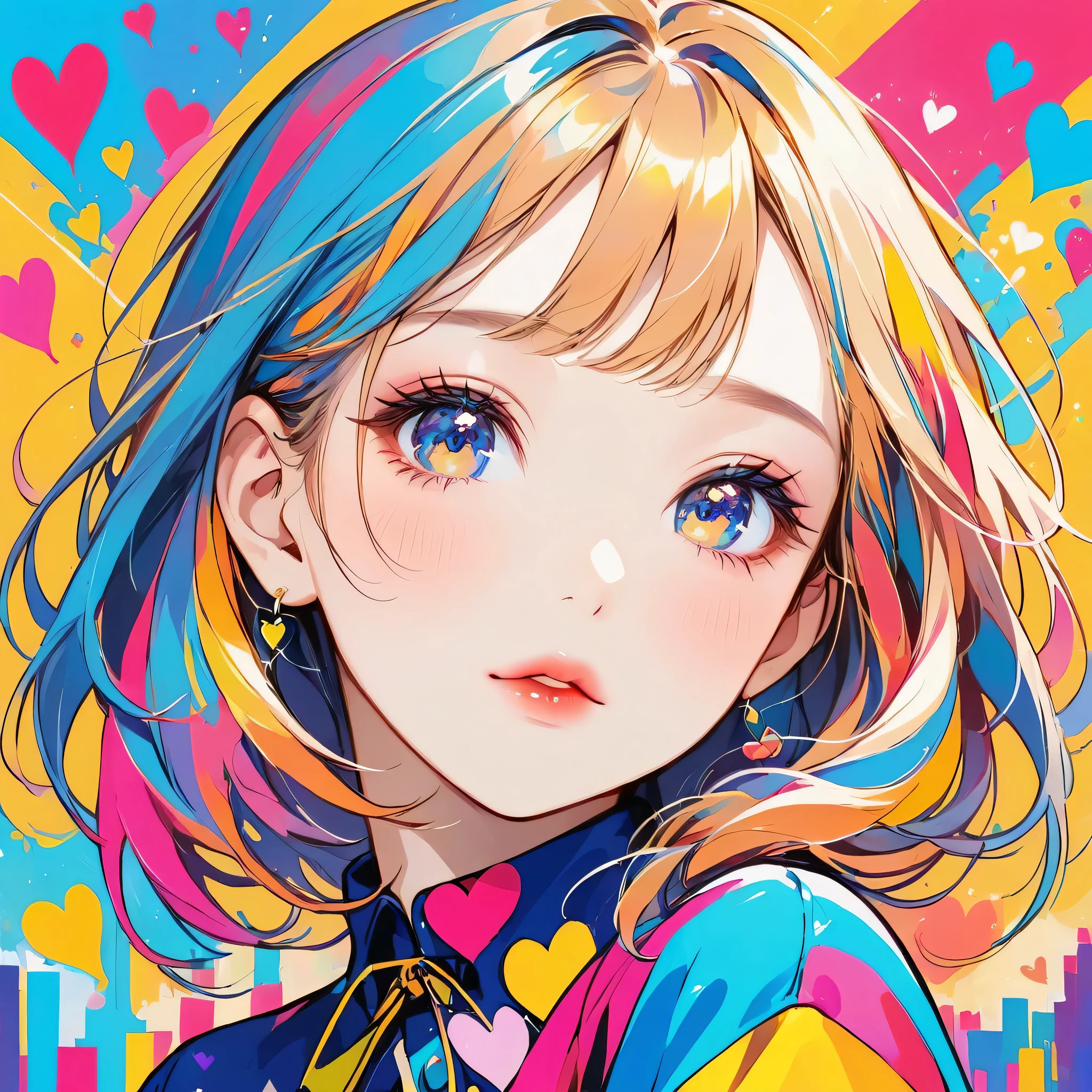 Mika Pikazo colorful style, Simple Line Initialism,Abstract art,Urban Background, (((The most beautiful girl of all time))), Sweet face. Lips in love, colorful hearts, stylish design