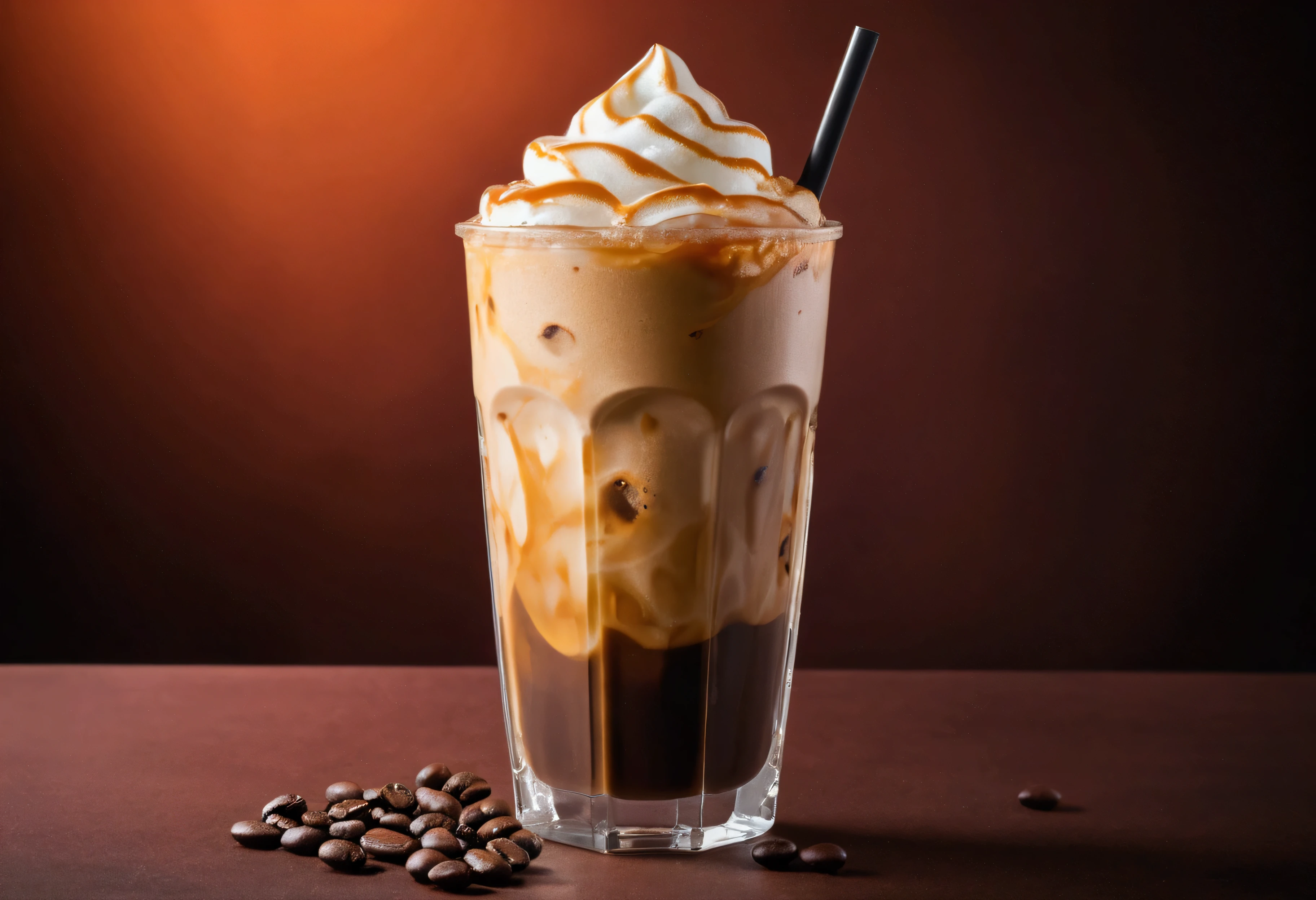 a picture of ice coffee, coffee in the elegant luxury color background like in a commercial, everything in focus