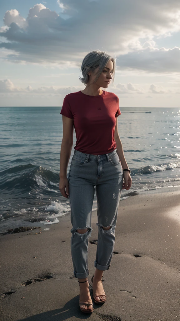 Woman standing, uphills, red shirt, short jeans, open sea, grey hair,