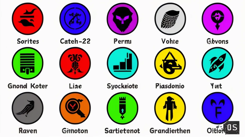a close up of a bunch of different colored buttons, Headshot symbols, Murder icons, ritual signs, presidential character icon, icons, symbols of live, perfect factions, symbols, sigils, random characters, inspired by John La Gatta, labels, egyptian demonic symbols, United States icons, presidential character, scenario assets, full size persona, character profile art