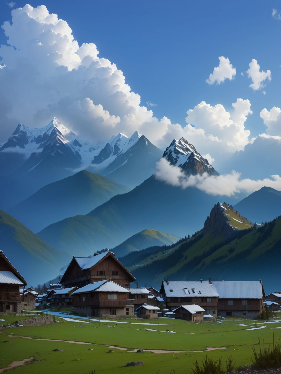 Mountains in the distance,There are several houses in the foreground, villages at background, village, Mountains in the background, 8K)), In the valley, Mountains in the background, Mountains in the background, very Very beautiful scenery, 背景中的village庄, Very beautiful scenery, Alexander Runciman, Valle encantador, 4 0 9 6, In the mountains