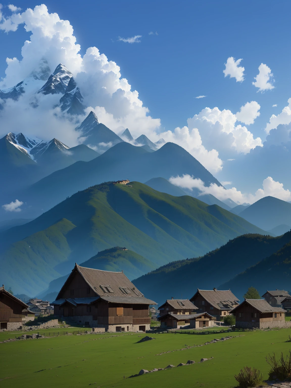 Mountains in the distance,There are several houses in the foreground, villages at background, village, Mountains in the background, 8K)), In the valley, Mountains in the background, Mountains in the background, very Very beautiful scenery, 背景中的village庄, Very beautiful scenery, Alexander Runciman, Valle encantador, 4 0 9 6, In the mountains