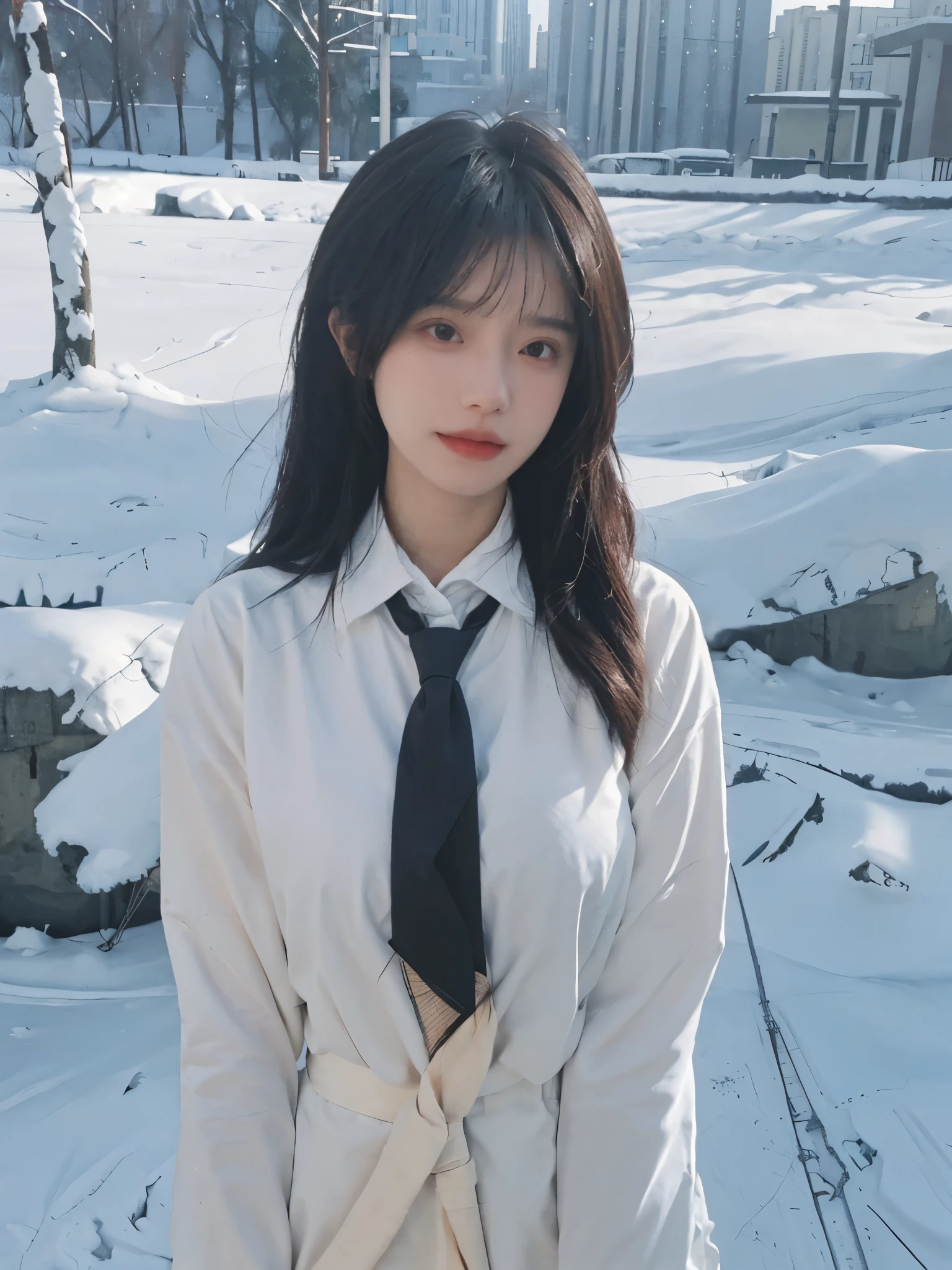 Best quality,masterpiece,Double tail,Ultra-high resolution,snow,16K,Snow background,(Photo Realism:1.4),1 Girl,JK,sexly,(shirt and tie:1.2),(Big breasts:2.3),(Upper body:1.4)