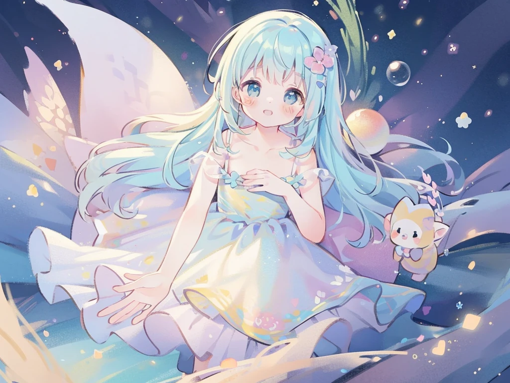 masterpiece, best quality, 8k resolution, sharp focus, intricate detail, beautiful girl, sparkling eyes, golden ratio face, otherworldly liquid, watercolor, ((pastel colors)), bright colors, whimsical, colorful, sharp focus, high resolution, fine detail, ((layered ballgown)), iridescent bubbles