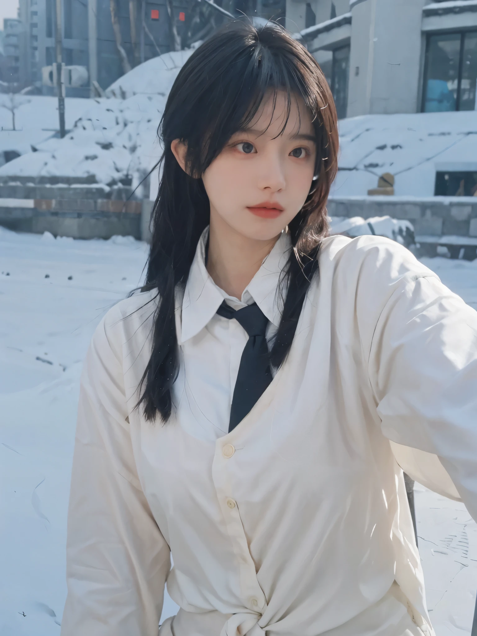 Best quality,masterpiece,Double tail,Ultra-high resolution,snow,16K,Snow background,(Photo Realism:1.4),1 Girl,JK,sexly,(shirt and tie:1.2),(Big breasts:2.3),(Upper body:1.4)