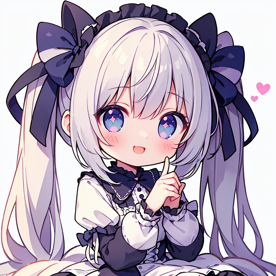 masterpiece, Highest quality, Highest Resolution、One Girl、View from the right oblique top、whole body、pastel colour、Gothic ta、Heart with fingers、Cute Dresses、Sparkling eyes、A smile that will captivate you、White background、Very long twin tails、Sitting、Looking at me、