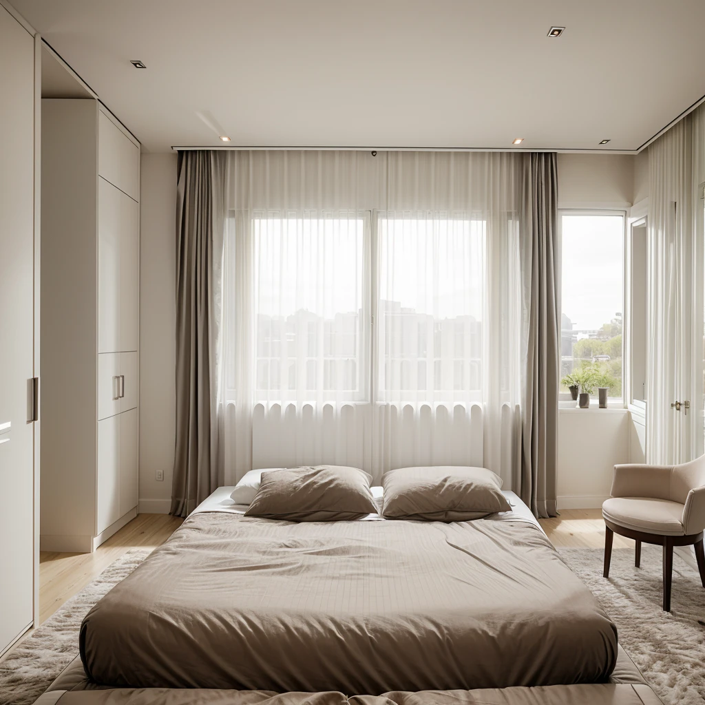 Generate a luxurious bedroom design with a modern minimalist aesthetic, featuring a plush king-size bed, a floor-to-ceiling window with curtains, and a sleek en-suite bathroom.