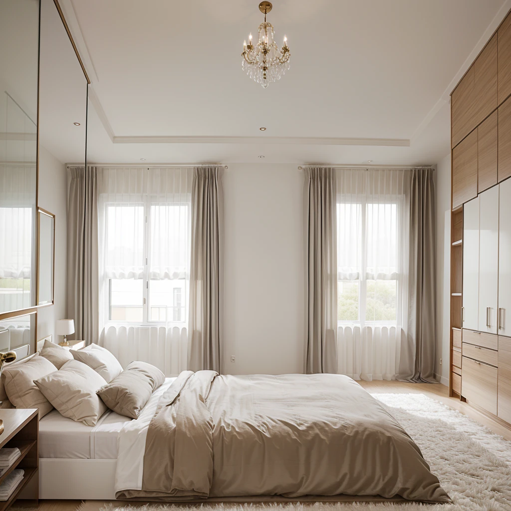 Generate a luxurious bedroom design with a modern minimalist aesthetic, featuring a plush king-size bed, a floor-to-ceiling window with curtains, and a sleek en-suite bathroom.