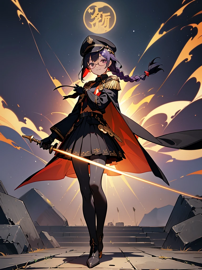 realisitic, City Deserted, Pile of rubble, Brick building, a one woman (18 years old, far away blackw hair, far away slits, Eyes red, glare eyes, 精致的面容, standing (In floor, feet shoulder-width apart), ta style military uniform (blackw base, Red Insert, golden decoration, volantes, wide sleeves, dainty and delicate detailing armors), blackw far away gloves (blackw, Red Insert, golden decoration, small hands, armors), blackw far away gloves, knee high boots (blackw, high-heels, red soles), ha (blackw, aba dourada, shield emblem, delicate details), arms in front, Front of belly, Holding military swords with both hands (blackw, golden decoration, delicate detail, Handle at the top, Ground-facing blade, in front of the body, far away), night sky (blackw, stele, Increased flames and smoke) Pale painting style, One Girl, super high quality, Super Detail, Super Detailed image, long hair, looking at viewer, skirt, shirt, hair ornament, violet eyes, gloves, round glasses, long sleeves, hat, closed mouth, jacket, violet hair, braid, open clothes, necktie, black gloves, black skirt, uniform, single braid, open jacket, black jacket, black headwear, 手链, peaked cap, black necktie, cropped jacket, military hat, pantyhose, Flat Chest, smile, Black Cape