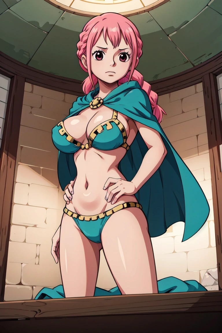 1girl, Rebecca_onepiece, braid pink hair, twin braids, blue cape, bikini armor, roma,, (masterpiece:1.2), highres, best quality, 8k, very clear, room, big breasts