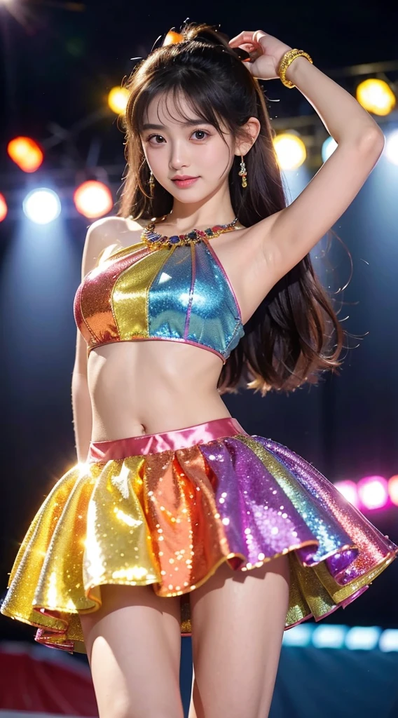 (8K、Raw photography、Photorealsitic:1.25)、1、(16 year old woman with beautiful perfect face、Expressing the joy of dancing with color)、Pose with legs raised high、pussy upskirt、nsfw, Looking at the camera、Line Dance、lipgloss、long eyelashes beautiful look、shiny bare skin、top-quality、超A high resolution、(Idol costumes、Stage costumes with many jewels shining、costumes with many colors:1.5)、Bask in the lights on the stage、a miniskirt、Photograph the whole body、Reduce depth of field