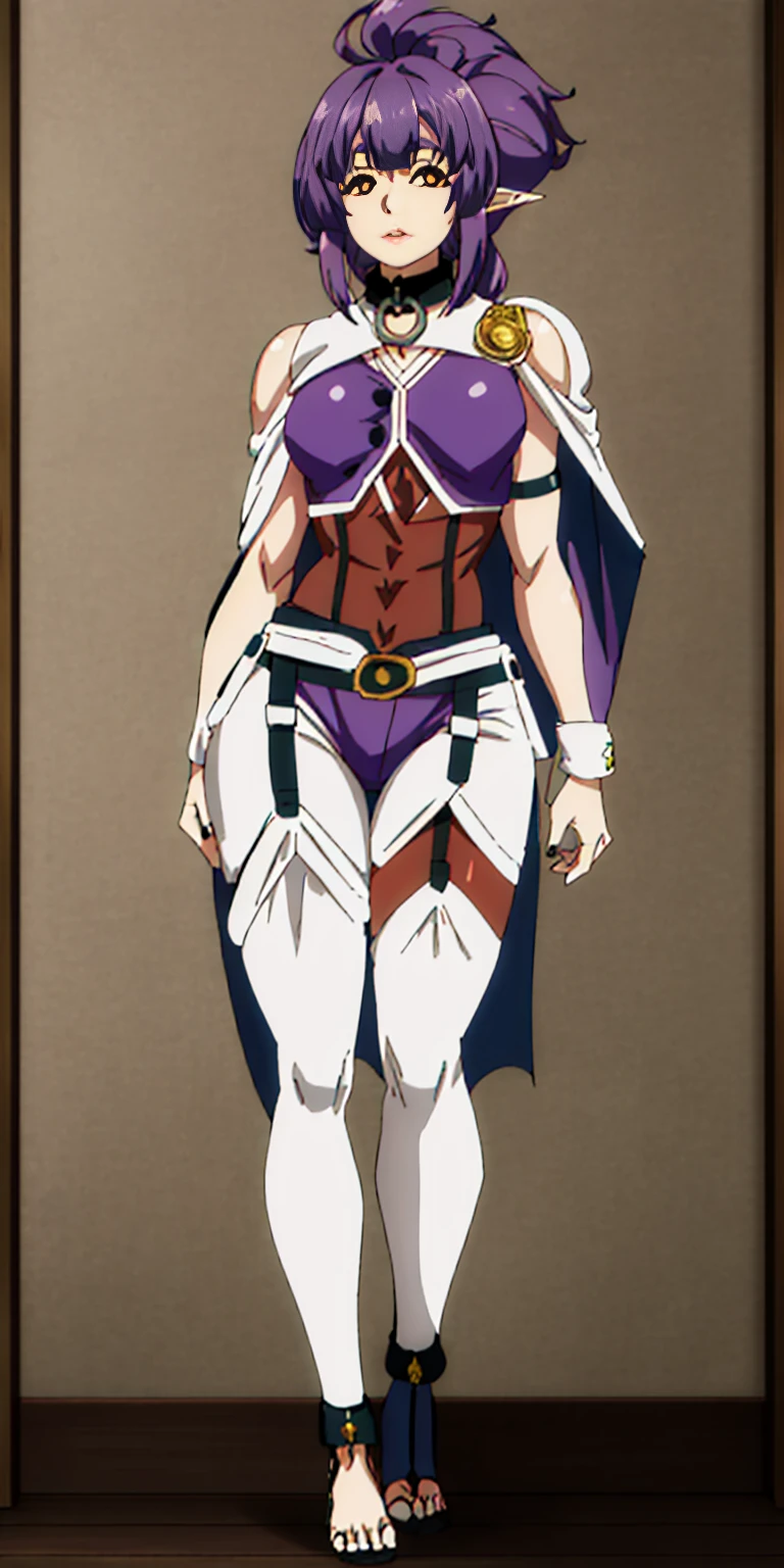 extremely long hair, ponytail, perfect anatomy 1 girl tall solo, slim thick ((muscular)) high elf full body toe to head toned body, silver breast plate, blue cape, slendered abs, hourglass waist, detailed face, defined cheekbones, puffy lips, gauntlets, gold crown, shadow over eyes, looking at viewer, masterpiece, white thigh highs lingerie, high heels