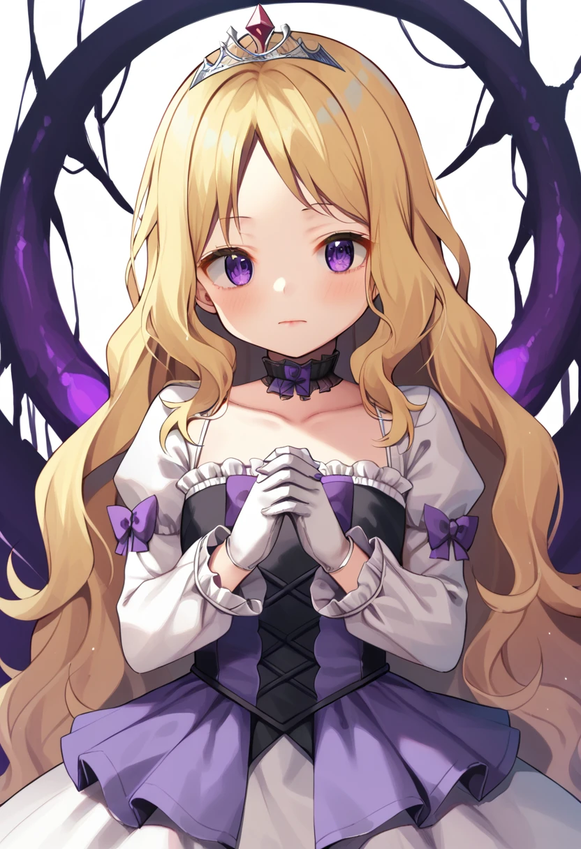 score_9. score_8_up. score_7_up, slutty_clothes, corruption, corrupt_girl, 1girl, blonde hair, solo, long hair, flower, dress, tiara, white dress, gloves, long sleeves, choker, purple eyes, white gloves, purple bow, purple flower, wavy hair, standing, bow, jewelry, looking at viewer, white background, closed mouth, collarbone, puffy sleeves, own hands together, upper body, parted bangs, very long hair, purple dress, frills, bangs, cowboy shot