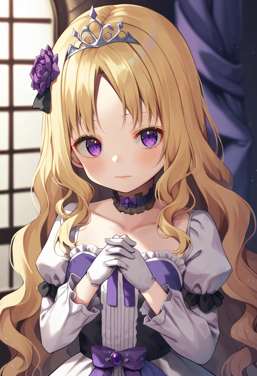 score_9. score_8_up. score_7_up, slutty_clothes, corruption, corrupt_girl, 1girl, blonde hair, solo, long hair, flower, dress, tiara, white dress, gloves, long sleeves, choker, purple eyes, white gloves, purple bow, purple flower, wavy hair, standing, bow, jewelry, looking at viewer, white background, closed mouth, collarbone, puffy sleeves, own hands together, upper body, parted bangs, very long hair, purple dress, frills, bangs, cowboy shot