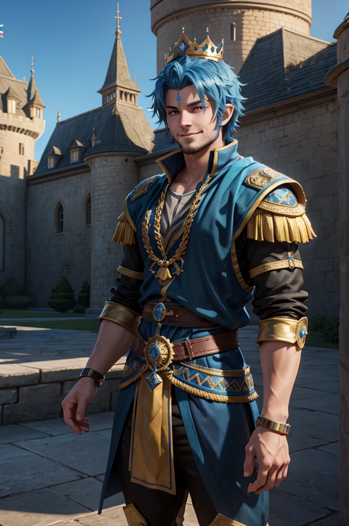 handsome 25 year old King with shaggy blue hair wearing a crown, castle background, hd, 3d, anime, unreal engine, digital art, smirking