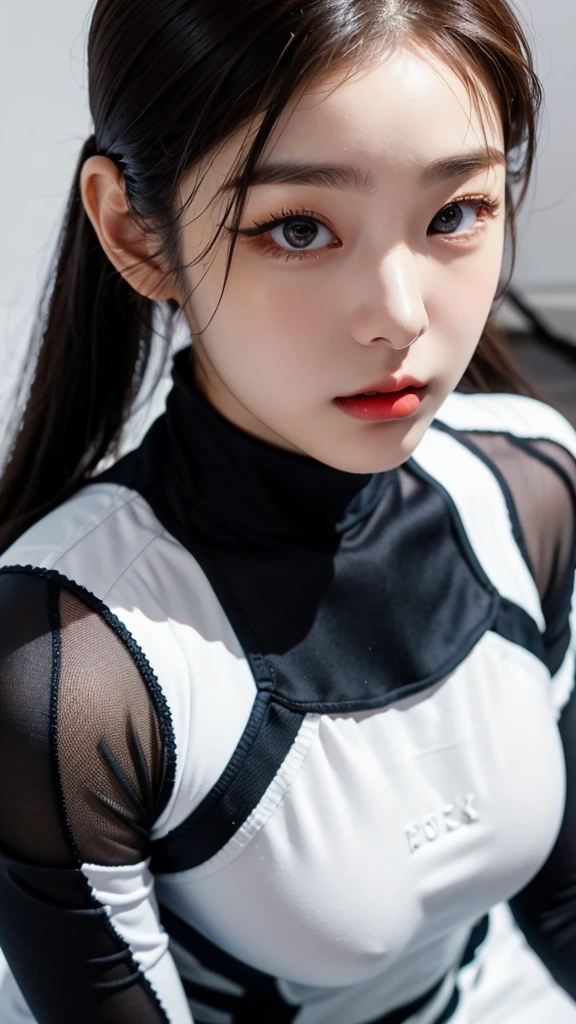 tmasterpiece,1 Korean girl,realisticlying,8K UHD,high high quality,in the background bokeh, spider-man black and white suit,Spidey,Clothes wrap around the whole body,Tight clothing,Abs contour,Short black hair,s the perfect face,shining face,Ultra-clear face,Elaborate Eyes,idoly