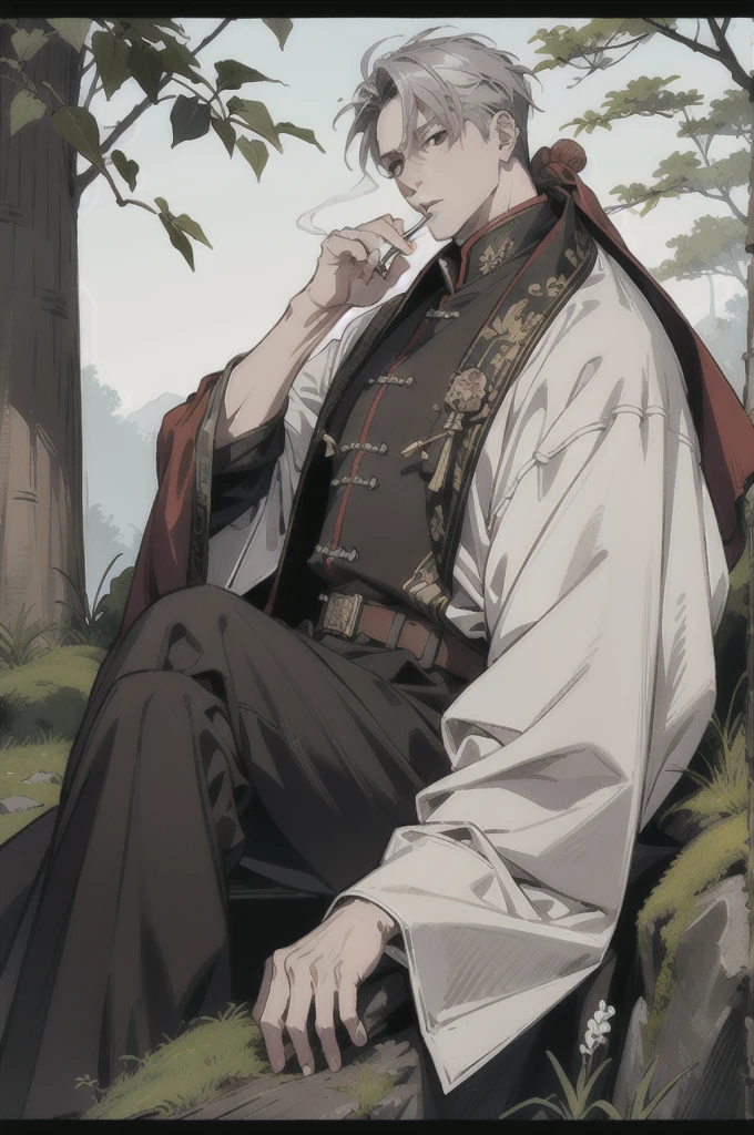 Yuan military white men in their 40s。Gray Hair。Wearing merchant clothing,Wearing a brown cape。Being in the forest。He is sitting on a big rock and smoking a cigarette。