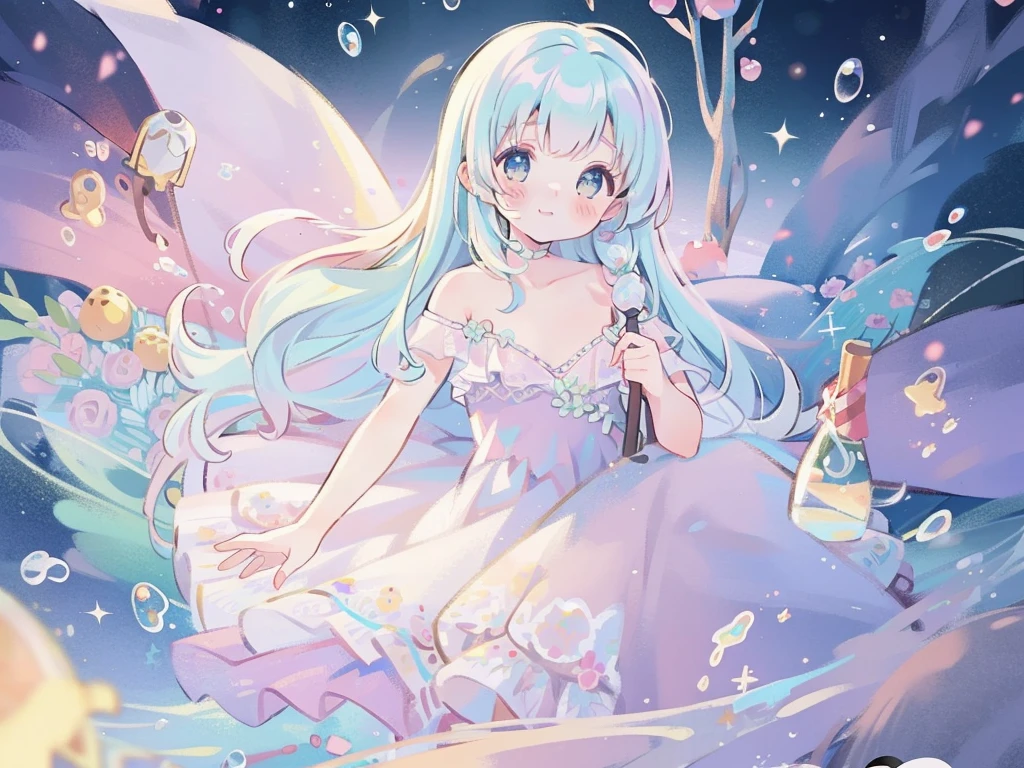 masterpiece, best quality, 8k resolution, sharp focus, intricate detail, beautiful girl, sparkling eyes, golden ratio face, otherworldly liquid, watercolor, ((pastel colors)), bright colors, whimsical, colorful, sharp focus, high resolution, fine detail, ((layered ballgown)), iridescent bubbles