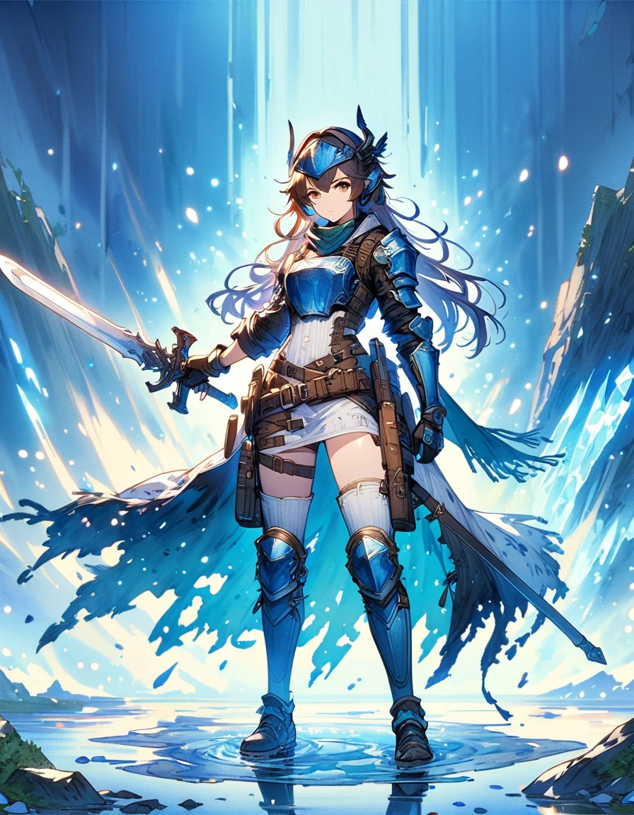 a woman in a white dress holding a sword and standing in a puddle, from arknights,armor girl, arknights, anime fantasy illustration, white armor, blue and ice silver color armor, anime character art, female anime character, granblue fantasy, beautiful fantasy anime, 