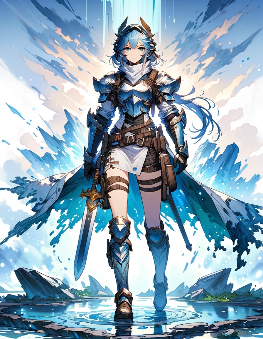 a woman in a white dress holding a sword and standing in a puddle, from arknights,armor girl, arknights, anime fantasy illustration, white armor, blue and ice silver color armor, anime character art, female anime character, granblue fantasy, beautiful fantasy anime,