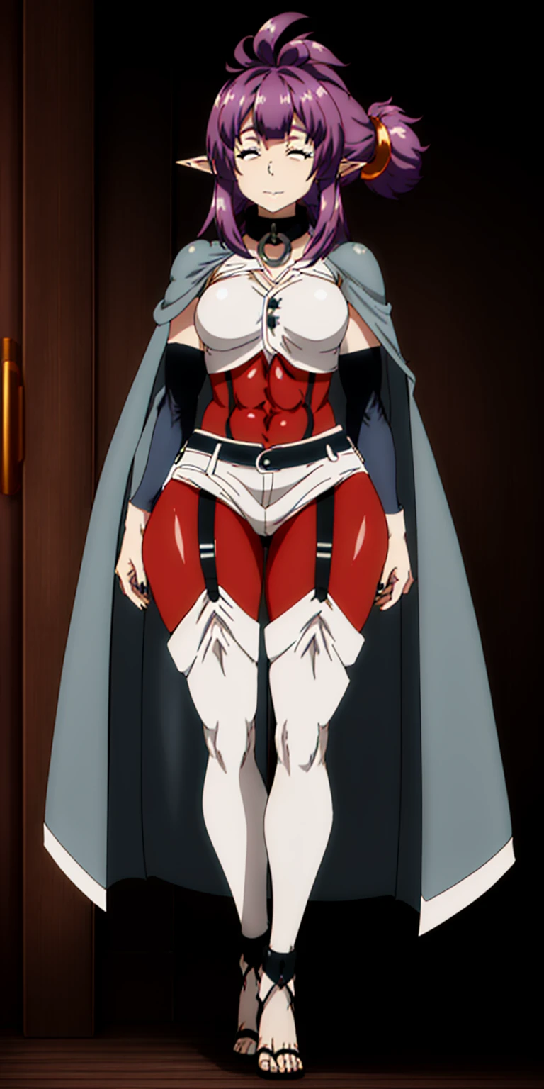 extremely long hair, ponytail, perfect anatomy 1 girl tall solo, slim thick ((muscular)) high elf full body toe to head toned body, silver breast plate, blue cape, slendered abs, hourglass waist, detailed face, defined cheekbones, puffy lips, gauntlets, gold crown, shadow over eyes, looking at viewer, masterpiece, white thigh highs lingerie, high heels