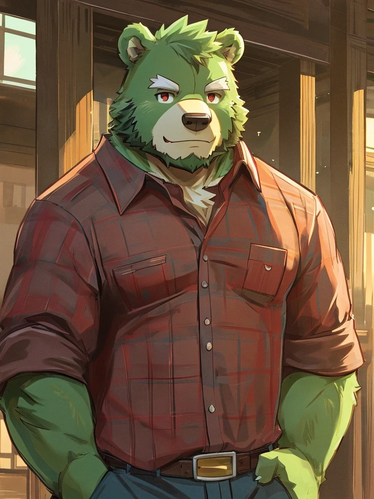 anthro, kemono, male, solo, (((green bear))), (((green fur))), green hair, beard, white eyebrows, mature, sketch drawing, cowboy shot, solo, Perfect red eyes, Cool Pose, Charming, Handsome, Good Looking, Casual Shirt, Frowning.