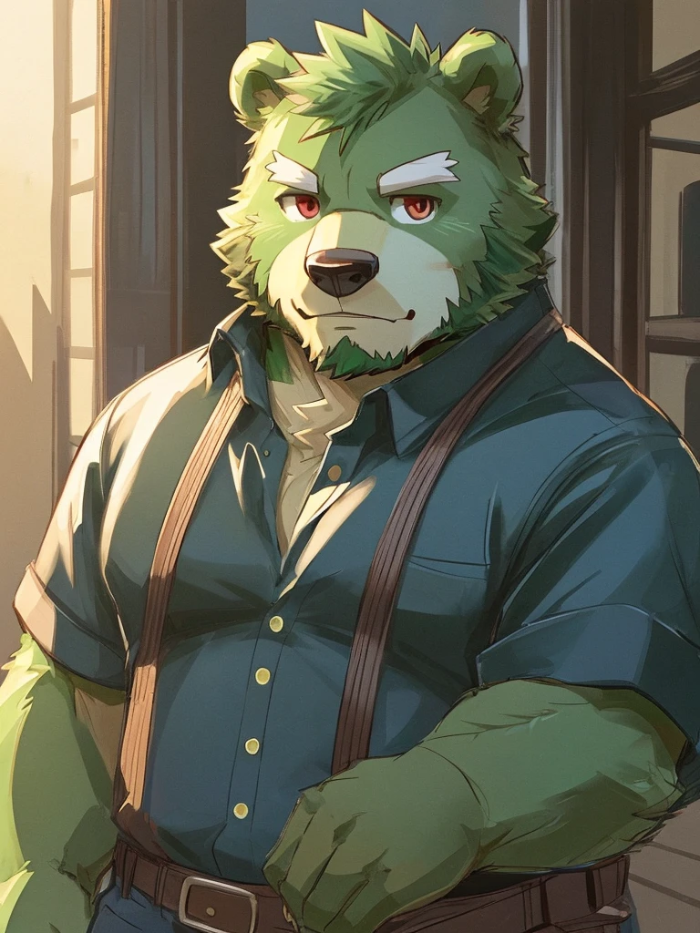 anthro, kemono, male, solo, (((green bear))), (((green fur))), green hair, beard, white eyebrows, mature, sketch drawing, cowboy shot, solo, Perfect red eyes, Cool Pose, Charming, Handsome, Good Looking, Casual Shirt, Frowning.