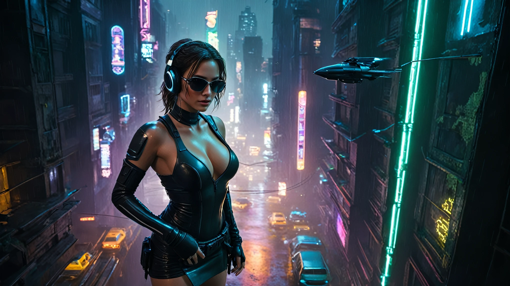 (aerial view, a flying cars docking platform, a very dark abandoned futuristic city, neon lights), rainy night. A girl as Lara Croft, solo, alone, large-breast:1.2 slim body, cleavage:1.1, sexy wind blowing wet dress:1.4, (headphone, black sunglasses), (((((she raised:1.8 a pistol:1.8 and took aim at viewer))))), dynamic pose, (((half-body thigh level medium shot))), cinematic lighting, lens flare, ray tracing.