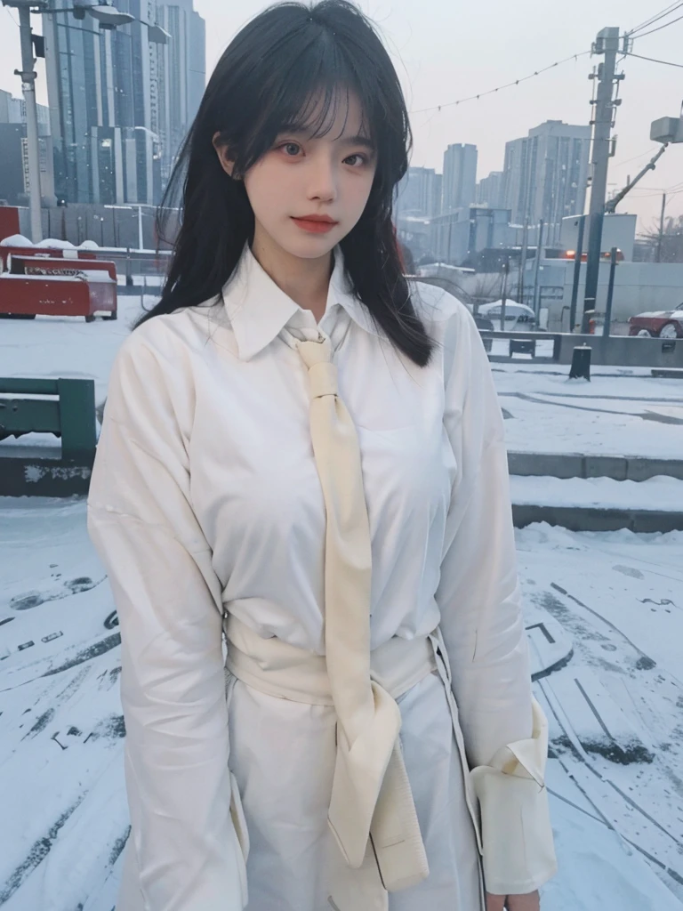 Best quality,masterpiece,Double tail,Ultra-high resolution,snow,16K,Snow background,(Photo Realism:1.4),1 Girl,JK,sexly,(shirt and tie:1.2),(Big breasts:2.3),(Upper body:1.4)