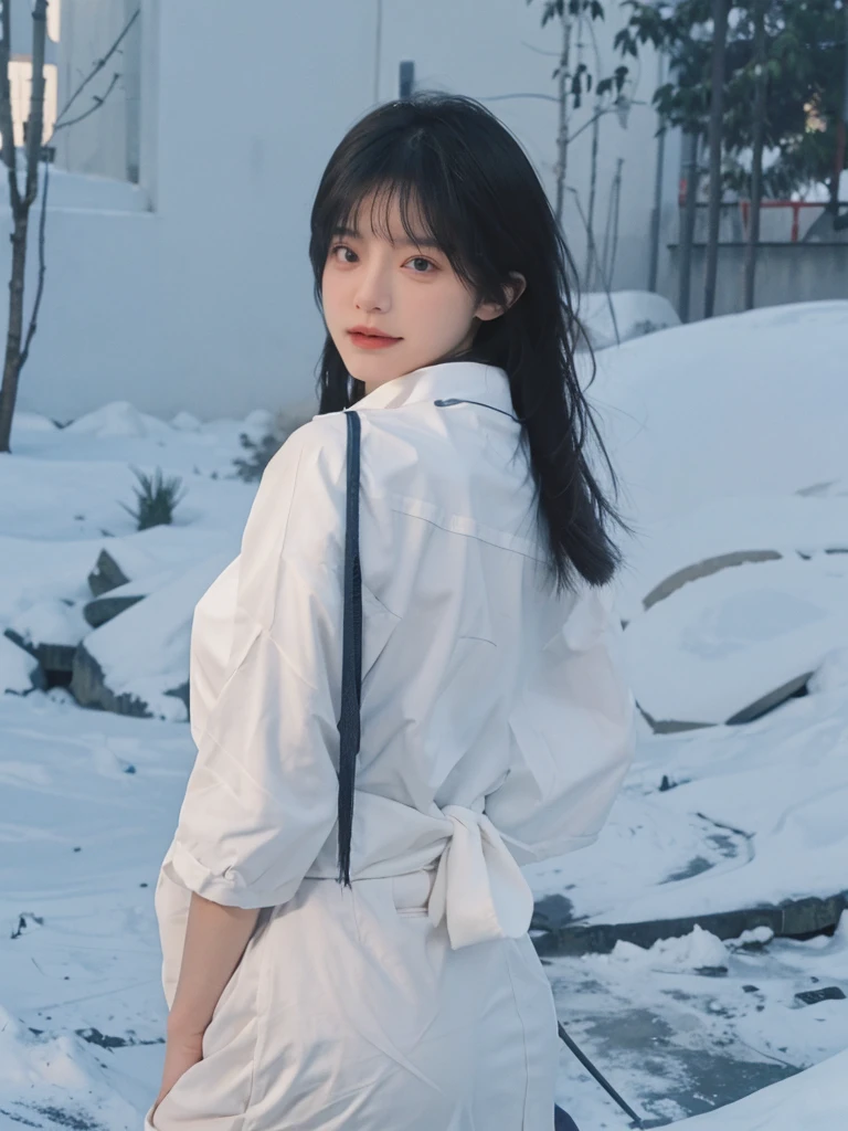 Best quality,masterpiece,Double tail,Ultra-high resolution,snow,16K,Snow background,(Photo Realism:1.4),1 Girl,JK,sexly,(shirt and tie:1.2),(Big breasts:2.3),(Upper body:1.4)