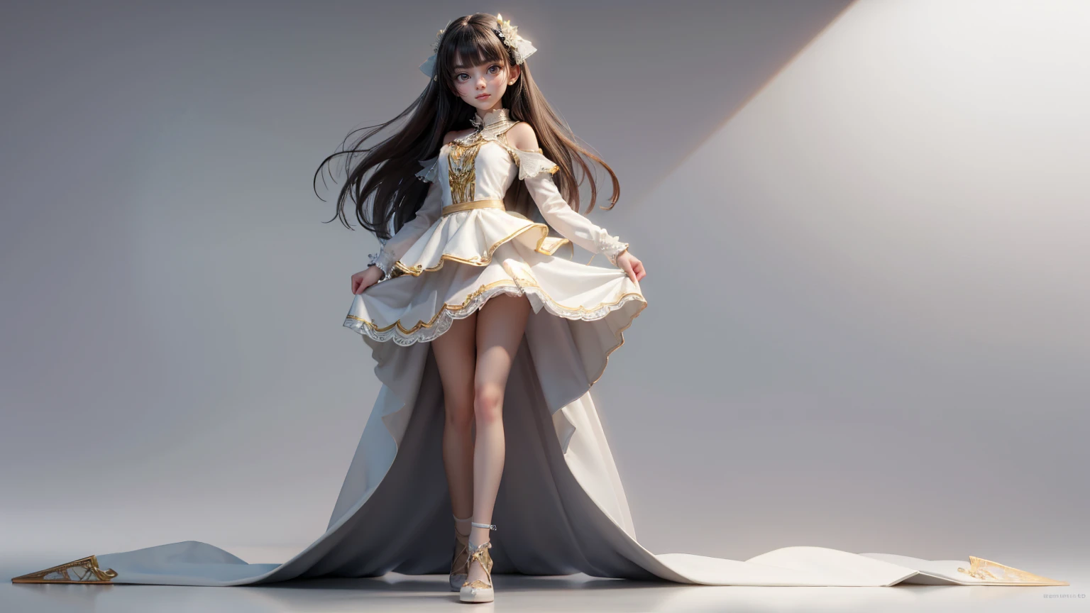 High resolution,Highest quality,high resolution,8k,Cute middle school girl,Junior idol,Cute 12 year old girl,Photo Studio Background,whole body, No makeup,Beautiful woman in a tube dress and pencil skirt、whole bodyショット、Pale purple dress、Long Hair、White platform high heels、Cross Strap、White heels、Platform heels、two Cross Straps、Face Light,Dynamic Lighting,Delicate features,,whole body,Movie Light,Digital single-lens reflex camera,Soft Light