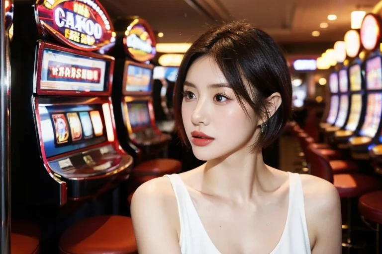 (Highest quality,8ก,Masterpiece),Studio Photography,
Japanese models are very beautiful.,Fine skin,realistic skin, lip balm,red,
very short hair,Pixie cut,
big earrings,Bodycon,
big breasts,thigh,
big breasts,emphasizes cleavage,
(The background is a modern casino and slot machines, a modern PG company.)
