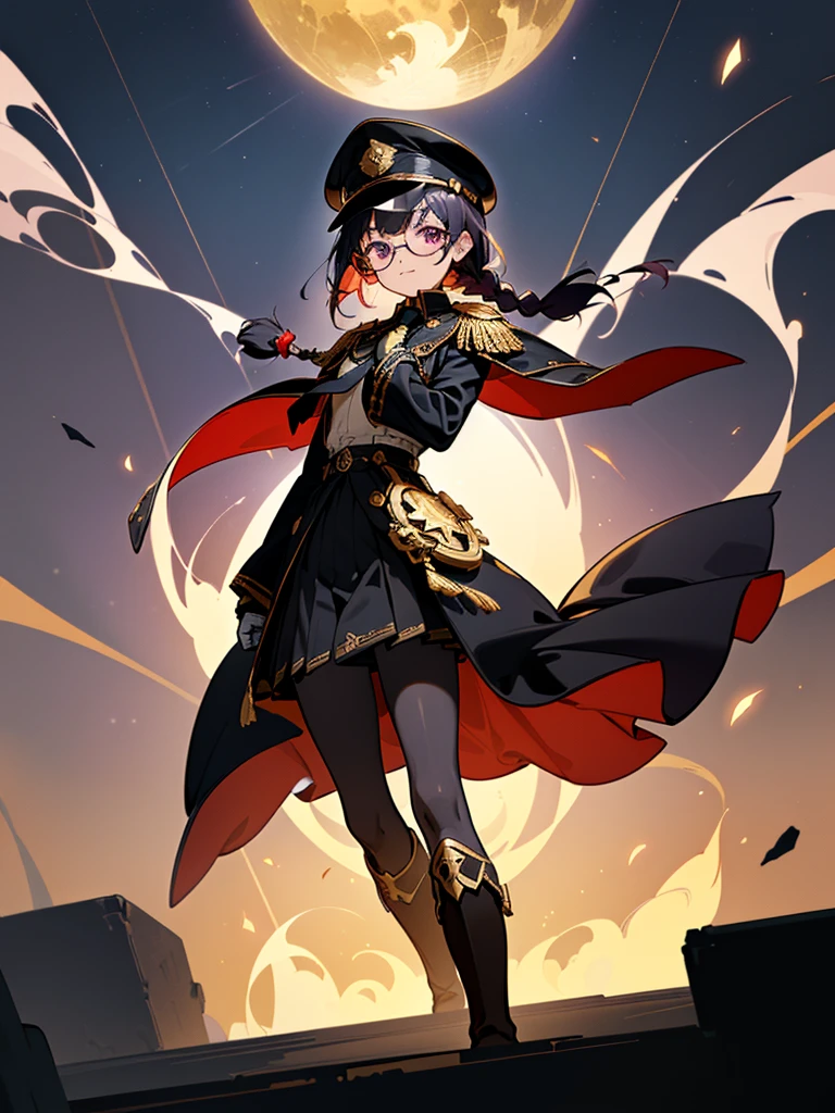 realisitic, City Deserted, Pile of rubble, Brick building, a one woman (18 years old, far away blackw hair, far away slits, Eyes red, glare eyes, 精致的面容, standing (In floor, feet shoulder-width apart), Lolita style military uniform (blackw base, Red Insert, golden decoration, volantes, wide sleeves, dainty and delicate detailing armors), blackw far away gloves (blackw, Red Insert, golden decoration, small hands, armors), blackw far away gloves, knee high boots (blackw, high-heels, red soles), ha (blackw, aba dourada, shield emblem, delicate details), arms in front, Front of belly, Holding military swords with both hands (blackw, golden decoration, delicate detail, Handle at the top, Ground-facing blade, in front of the body, far away), night sky (blackw, stele, Increased flames and smoke) Pale painting style, One Girl, super high quality, Super Detail, Super Detailed image, long hair, looking at viewer, skirt, shirt, hair ornament, violet eyes, gloves, round glasses, long sleeves, hat, closed mouth, jacket, violet hair, braid, open clothes, necktie, black gloves, black skirt, uniform, single braid, open jacket, black jacket, black headwear, 手链, peaked cap, black necktie, cropped jacket, military hat, pantyhose, Flat Chest, smile, Black Cape