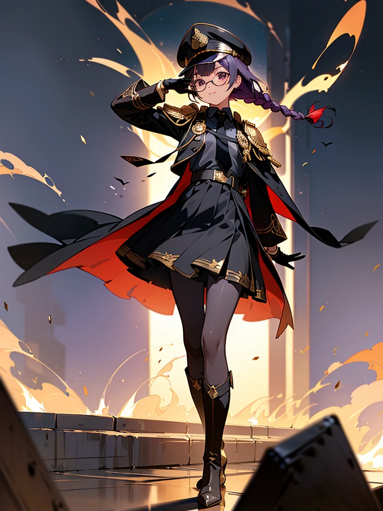 realisitic, City Deserted, Pile of rubble, Brick building, a one woman (18 years old, far away blackw hair, far away slits, Eyes red, glare eyes, 精致的面容, standing (In floor, feet shoulder-width apart), ta style military uniform (blackw base, Red Insert, golden decoration, volantes, wide sleeves, dainty and delicate detailing armors), blackw far away gloves (blackw, Red Insert, golden decoration, small hands, armors), blackw far away gloves, knee high boots (blackw, high-heels, red soles), ha (blackw, aba dourada, shield emblem, delicate details), arms in front, Front of belly, Holding military swords with both hands (blackw, golden decoration, delicate detail, Handle at the top, Ground-facing blade, in front of the body, far away), night sky (blackw, stele, Increased flames and smoke) Pale painting style, One Girl, super high quality, Super Detail, Super Detailed image, long hair, looking at viewer, skirt, shirt, hair ornament, violet eyes, gloves, round glasses, long sleeves, hat, closed mouth, jacket, violet hair, braid, open clothes, necktie, black gloves, black skirt, uniform, single braid, open jacket, black jacket, black headwear, 手链, peaked cap, black necktie, cropped jacket, military hat, pantyhose, Flat Chest, smile, Black Cape