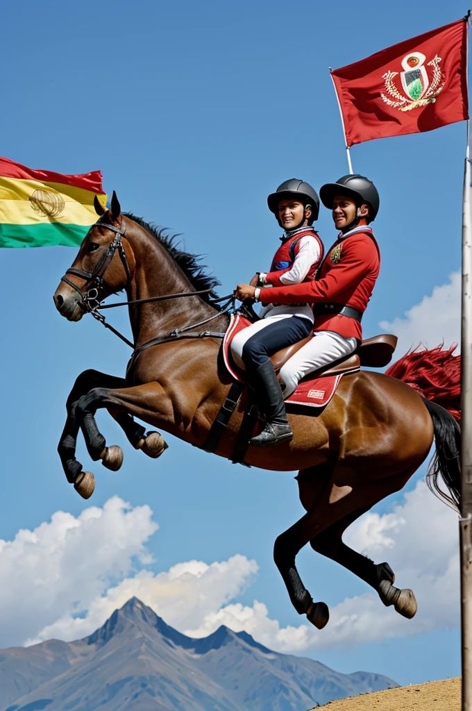 Image of a person riding a horse that is rising on top and the person holding a Peruvian flag