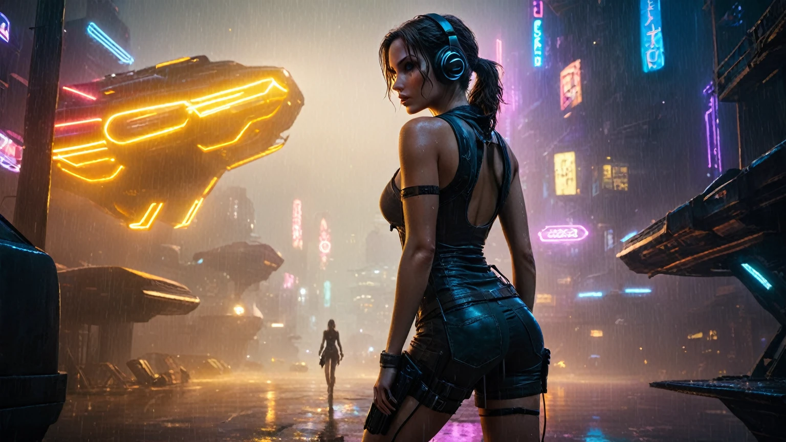 (aerial view, a flying cars docking platform, a very dark abandoned futuristic city, neon lights), rainy night. A girl as Lara Croft, solo, alone, large-breast:1.2 slim body, cleavage:1.1, sexy wind blowing wet dress:1.4, (headphone, black sunglasses), (((((she raised:1.8 a pistol:1.8 and took aim at viewer))))), dynamic pose, (((half-body thigh level medium shot))), cinematic lighting, lens flare, ray tracing.