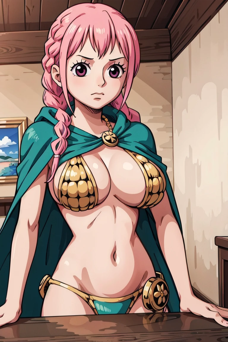 1girl, Rebecca_onepiece, braid pink hair, twin braids, blue cape, bikini armor, , (masterpiece:1.2), highres, best quality, 8k, very clear, room, big breasts, room, indoors, 