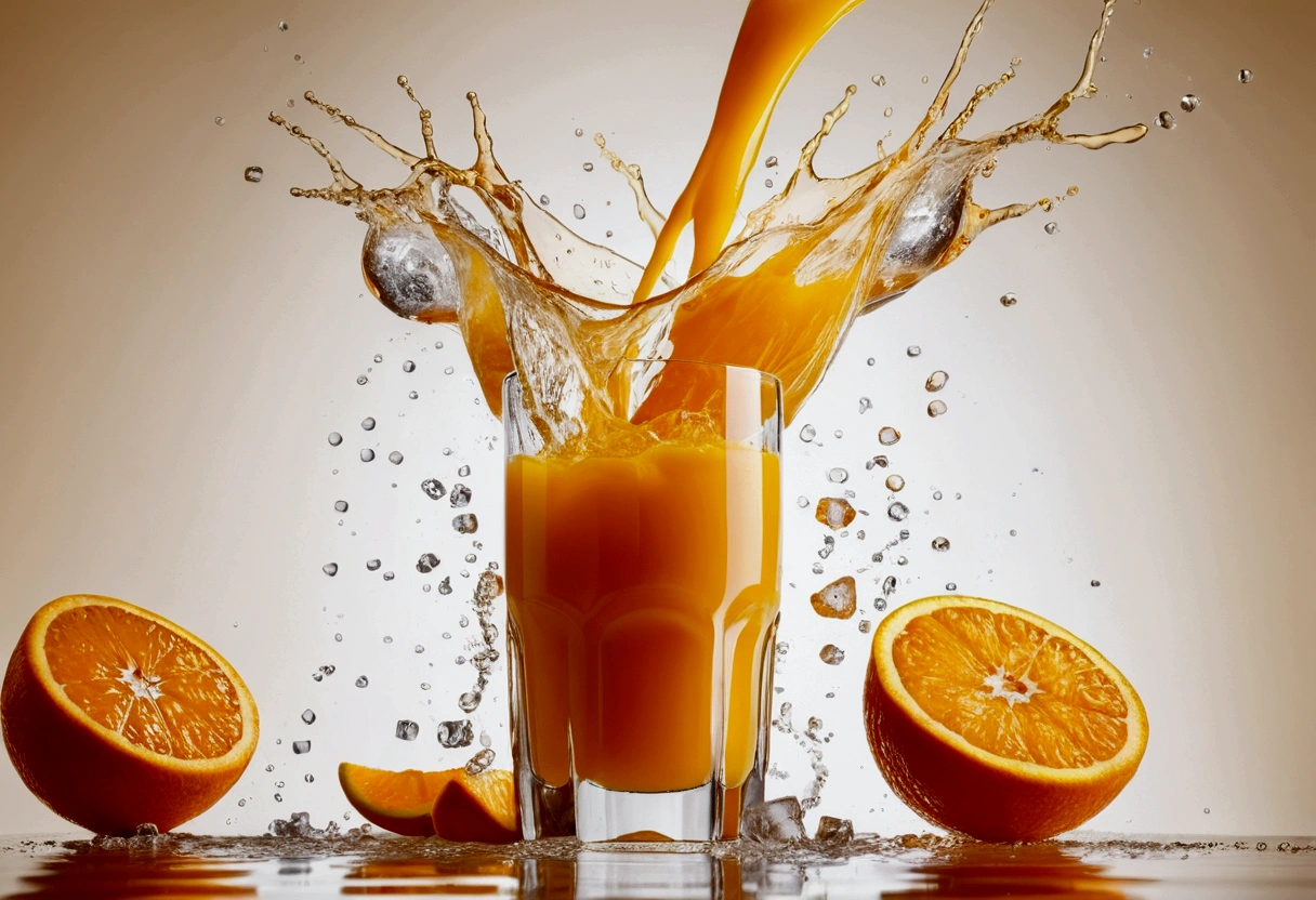 a picture of an orange juice, ice cubes falling into the glass, juice splashing in the elegant cream color background like in a commercial, everything in focus