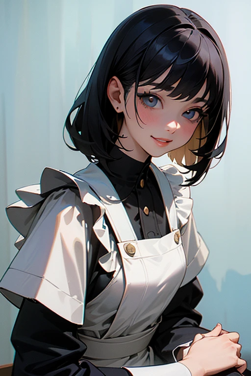 (Highest Resolution, clear_image) Highest quality, single, One woman, alone, masterpiece, Very detailed, Semi-realistic, Black Hairのショートヘア, Black Hair, bangs, 18-year-old, mature, Light blue , Indoor Background, kind, Authoritative, Powerful, exquisite features, exquisite features、Eyelashes become longer、Showing teeth、smile😀、Maid clothes、woman'Fingers in the、(Eating watermelon)