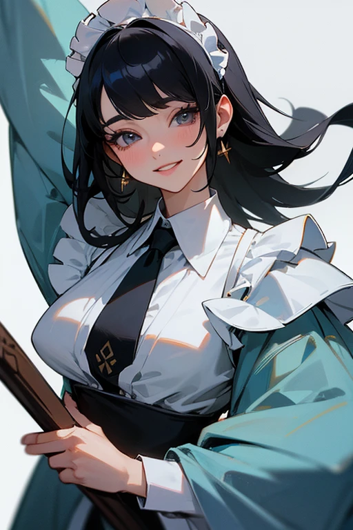(Highest Resolution, clear_image) Highest quality, single, One woman, alone, masterpiece, Very detailed, Semi-realistic, Black Hairのショートヘア, Black Hair, bangs, 18-year-old, mature, Light blue , Indoor Background, kind, Authoritative, Powerful, exquisite features, exquisite features、Eyelashes become longer、Showing teeth、smile😀、Maid clothes、woman'Fingers in the、(Eating watermelon)