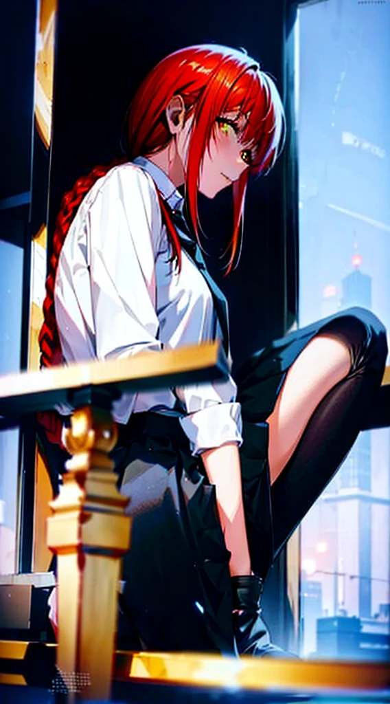 high qualiy, best qualityer, 4K, 8k, lights, 1 girl, Makima, Black Skirt, Red hair, long hair, plaits, yellow eyes, long hair vermelho, plein-air, masterpiece