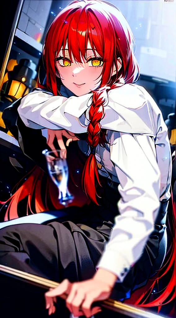 high qualiy, best qualityer, 4K, 8k, lights, 1 girl, Makima, Black Skirt, Red hair, long hair, plaits, yellow  eyes, long hair vermelho, plein-air, ​masterpiece