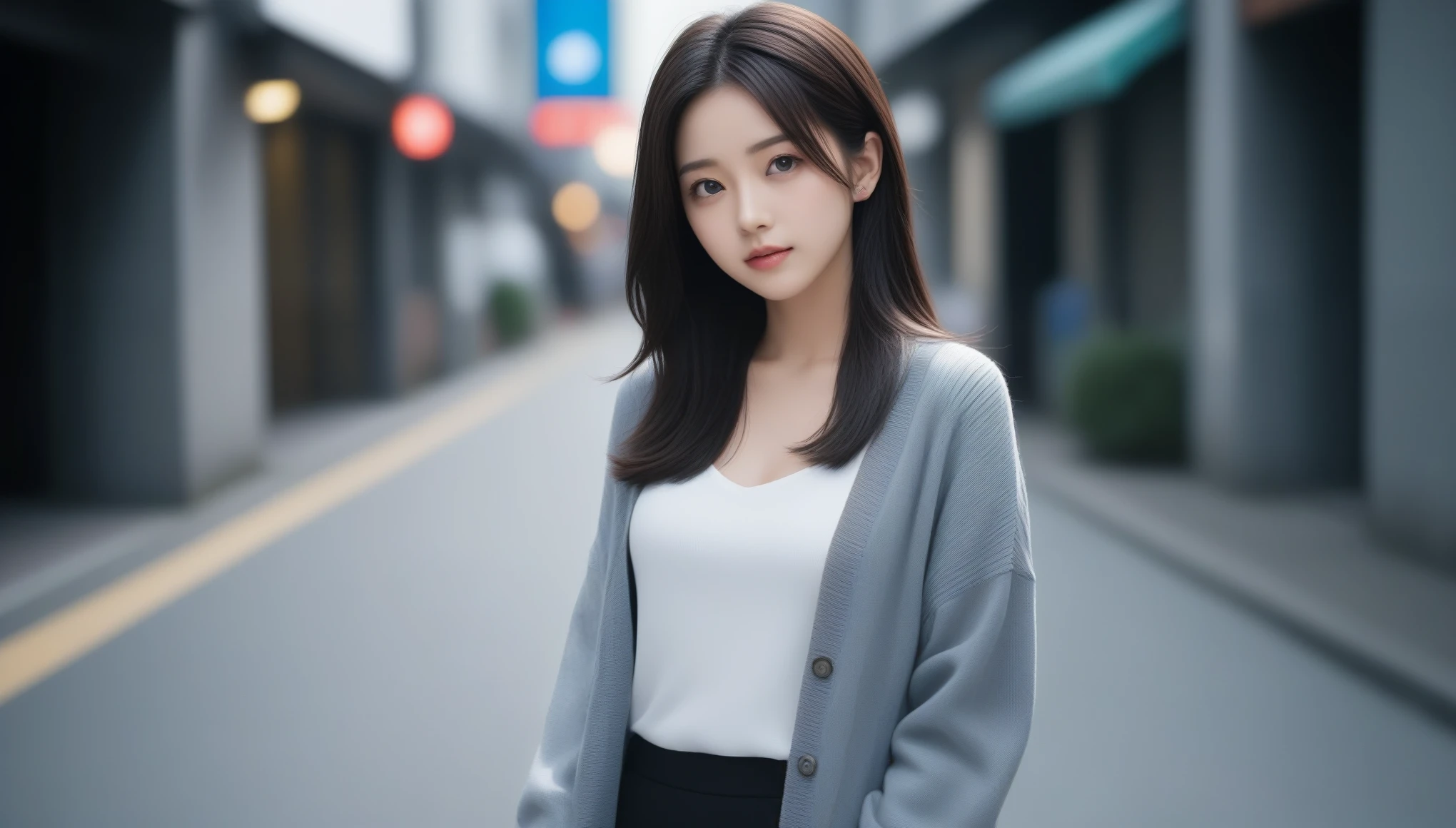 8k, Ultra-high resolution, Highest quality, masterpiece, 三分割法によるphotograph,Surreal, photograph, 1 Girl, (16 years old:1.3), pretty girl, Cute Face, Beautiful eyes in every detail, 細かくdetailedに,masterpiece,One Girl:1.2, Japan Female Announcer,whole body,from below,Fearful expression,Black Hair,Messy hair,Cyber city of the near future,Wearing a cardigan sweater on your back、A girl alone in the middle of the road, Grey knee-length skirt, White knee-high socks and black shoes,Beautiful leg line beauty,Realistic Skin, Perfect and beautiful face ,完璧でCute Face, Skin with attention to detail, Perfect limbs、Narrow waist、Thin legs),Looking at the audience、beauty,Long neck、(((Ideal body type))),A cup small breasts :2,Portraiture:2,Perfect Anatomy,鮮明なdetailed,detailed,Surreal,Light and shadow,darkness