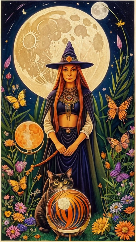 Female Hippie witch wearing pointy hat holding a crystal ball with two cats nearby surrounded by flowers and butterflies with the Moon phase is in the background. One cat is orange stripe with a m on his forehead and the other cat is cream color