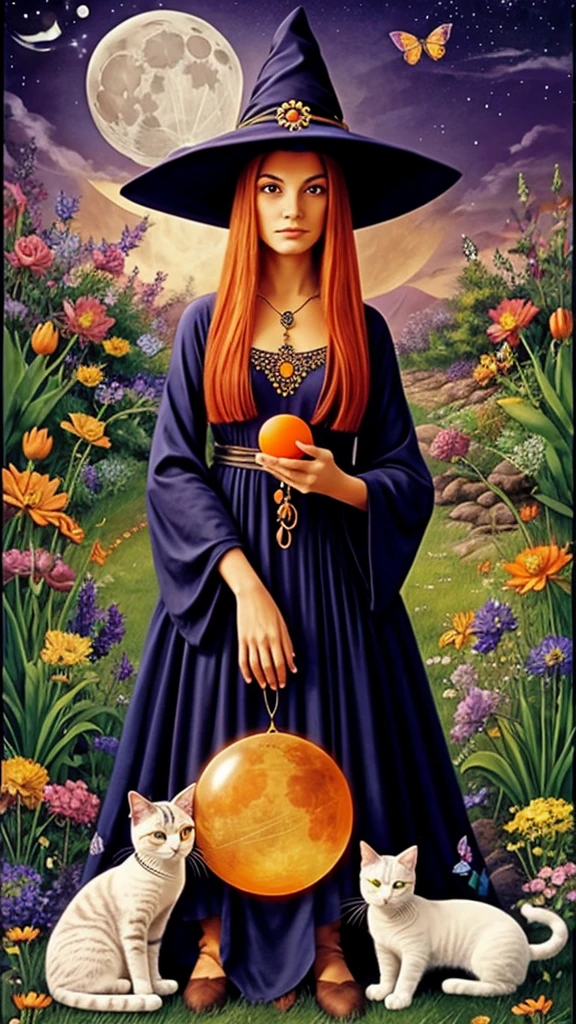 Female Hippie witch wearing pointy hat holding a crystal ball with two cats nearby surrounded by flowers and butterflies with the Moon phase is in the background. One cat is orange stripe with a m on his forehead and the other cat is cream color