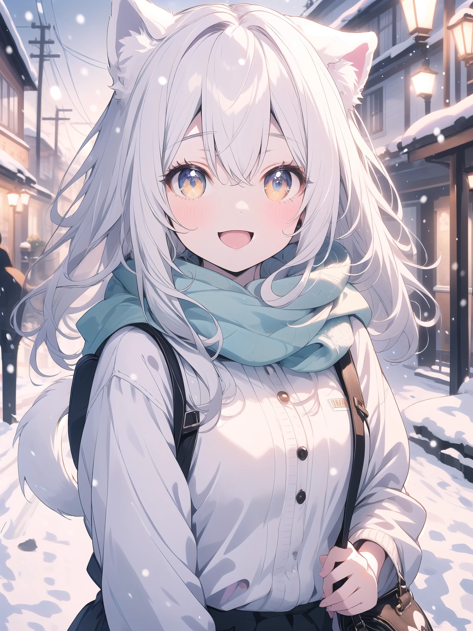 ((Blurred)),(Pale colors),white hair, dog ears, sparkle, film grain, UHd, masterpiece, super detail, high details, high quality, highres, best quality, 4K,claw pose,upper body,fang,:d,aran sweater,Samoyedの女の子、Samoyed,Fluffy clothes、cute、Background of the snow country,((dog tail)),Fluffy scarf,Snow is falling,Light production、Street lights illuminate