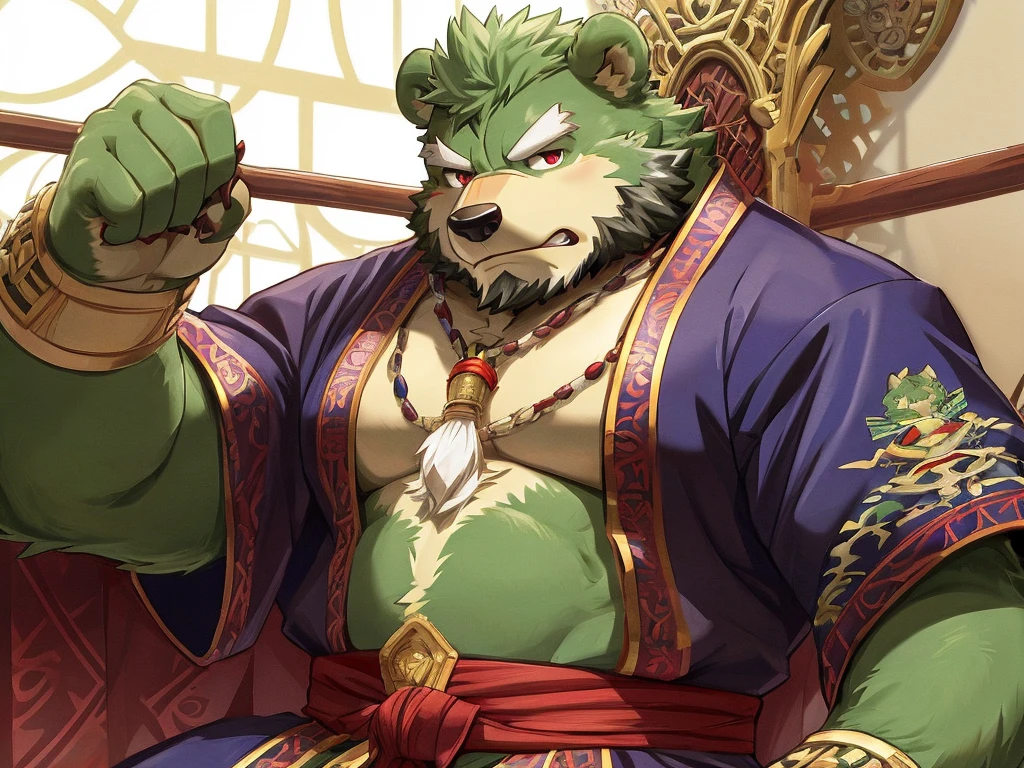 anthro, kemono, male, solo, (((green bear))), (((green fur))), green hair, beard, white eyebrows, mature, sketch drawing, cowboy shot, solo, Perfect red eyes, Cool Pose, Charming, Handsome, Good Looking, tmasterpiece, Best quality at best, hyper-detailing, CG illustration, Proper shading, Best quality,8K,tmasterpiece,Master illustration,rich graphics,1 persons,Thick eyebrows,Gray eyebrows,Real men,Tough guy,A majestic countenance,Sensual posture,punch,bandagens,angry look,Taoist,Taoist robes,robe,Black and white,taichi,Martial artist