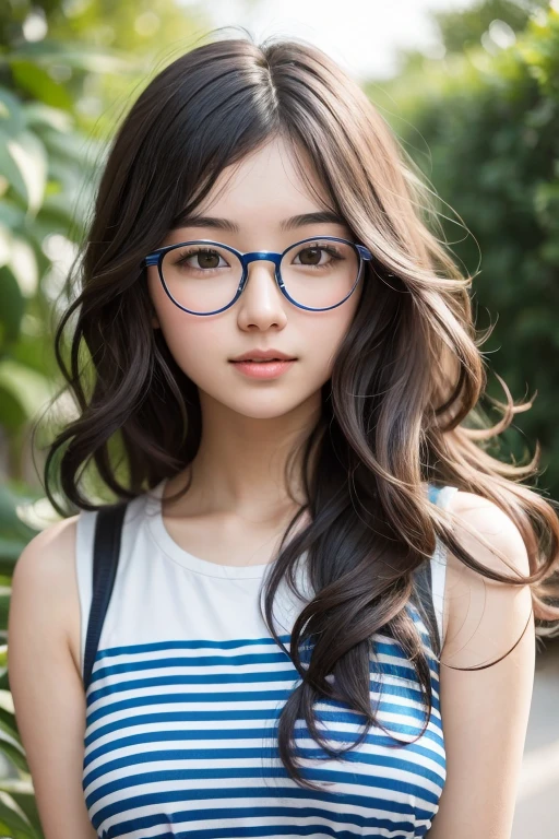 Teenage girl with medium, shoulder-length wavy hair, wear round glasses and a white  with a blue stripe on the sides