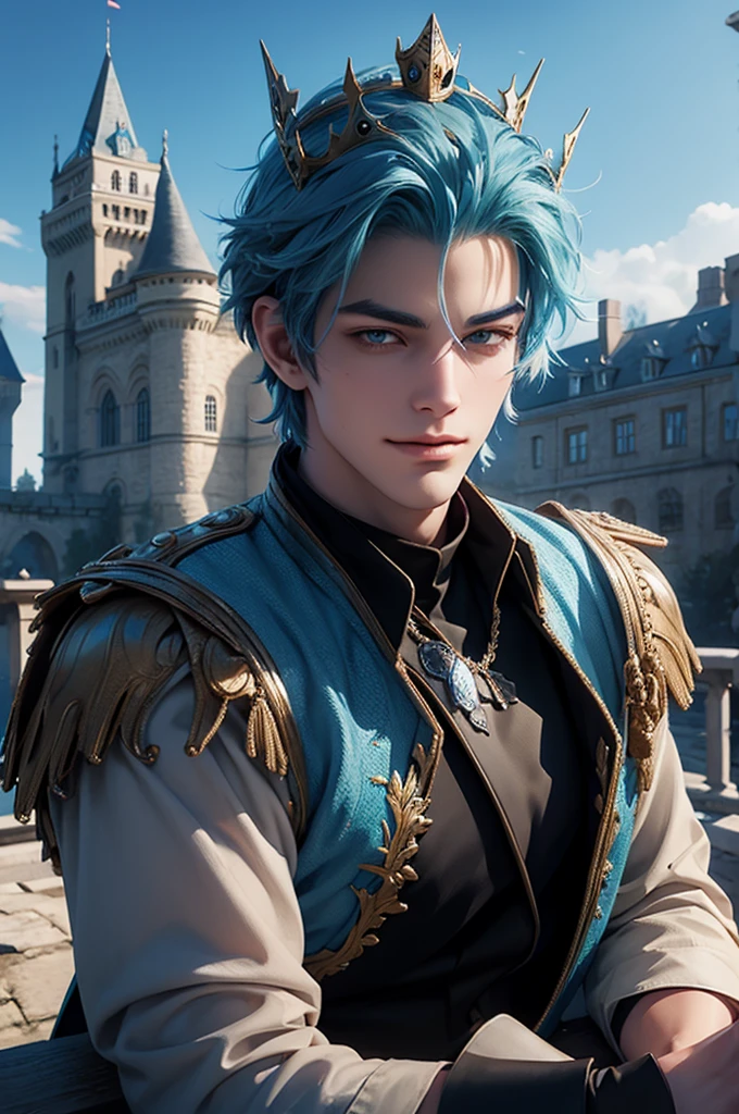 handsome 25 year old King with shaggy blue hair wearing a crown, castle background, hd, 3d, anime, unreal engine, digital art, smirking