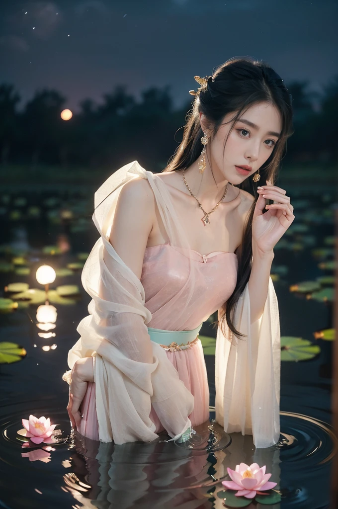 (((best quality))),(((ultra detailed))),(((masterpiece))),illustration,((1 beautiful young girl,solo)),((slim,thin)),(shoulder length straight hair:1.2),((earrings,necklace)),((bare back,towering hips,butt crack)),(see through traditional pink sheer Hanfu dress:1.3),(beside the lotus pond full of lotus flowers:1.3), serene moonlight, ethereal,floral pattern, water movement, billowing fabric, tranquil, moon reflection, petals, fireflies, magical, light,warm light, dreams, invitation, standing, gazing, reflection, inner thoughts, emotional, sweet scent, natural beauty, solitude, hypnotic lull, eternal summer, (night scene:1.3), natural world, human spirit, celebration, backdrop, water, glow,((from back)),(close-up of upper body:1.3)